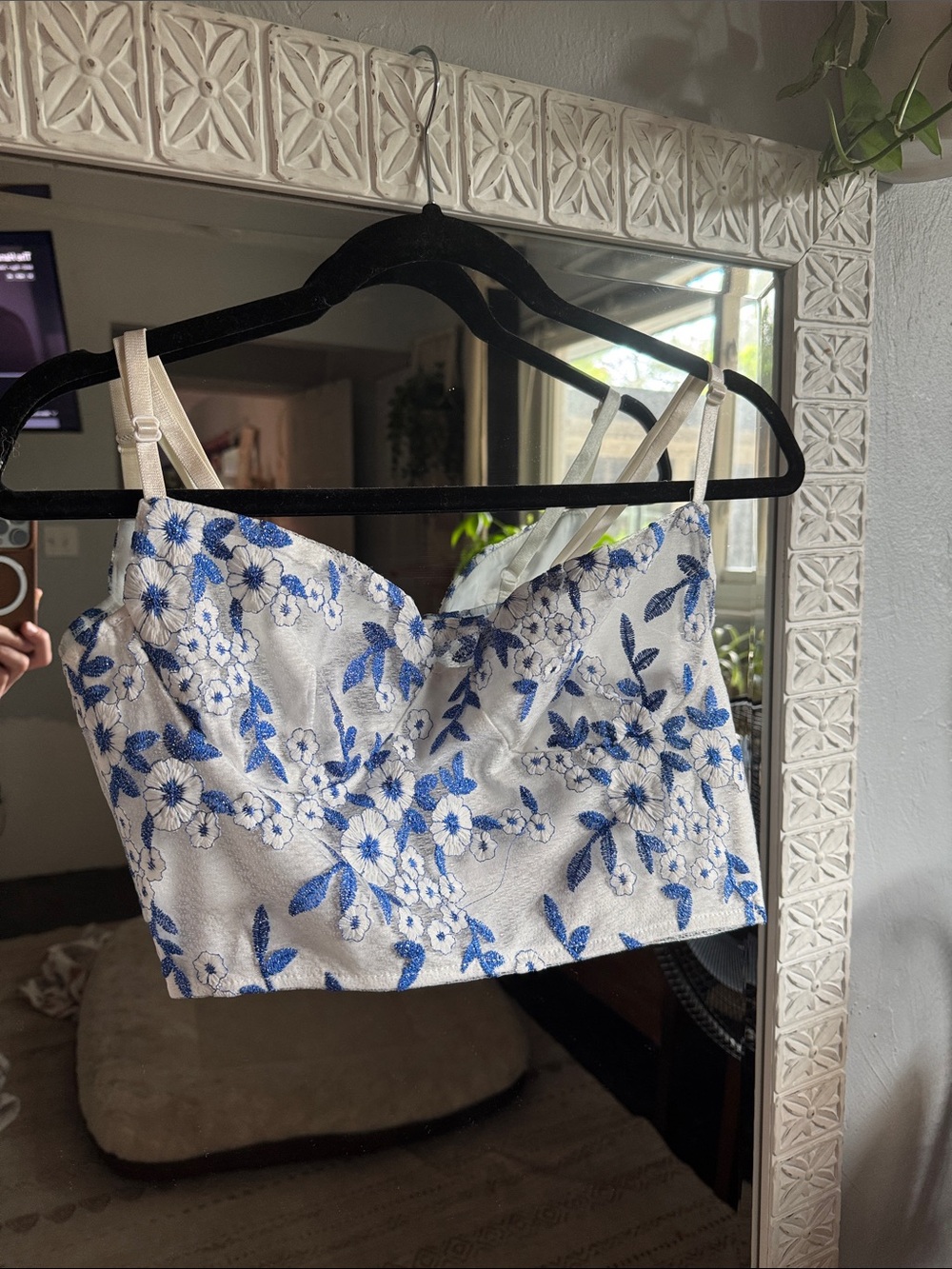 Floral Lace Bustier Crop Top - Blue on White
